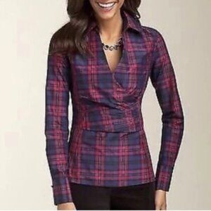 Talbots plaid faux wrap silk blend long sleeve top size 4 petite G45
